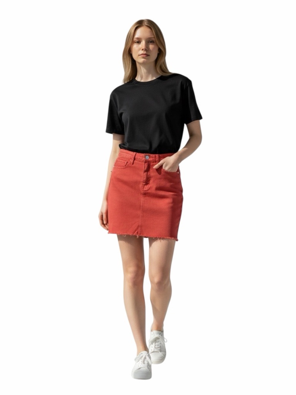 GUESS Red Denim Mini Skirt Frayed Hem Classic Size M ❤️